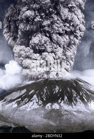 Il Monte St. Helens, Washington, è il vulcano più attivo della catena montuosa delle Cascade. Il primo segno di attività al Monte Sant'Elena nella primavera del 1980 fu una serie di piccoli terremoti che iniziarono il 16 marzo. Esplosioni di vapore il 27 marzo ha fatto esplodere un cratere attraverso la calotta di ghiaccio sulla cima del vulcano. Nel giro di una settimana il cratere era cresciuto fino a circa 1,300 piedi di diametro e due sistemi di crepe giganti attraversavano l'intera area di cima. Entro maggio 17, più di 10,000 terremoti avevano scosso il vulcano e il fianco nord era cresciuto verso l'esterno di almeno 450 piedi per formare un notevole rigonfiamento. Tale deformazione drammatica del vol Foto Stock