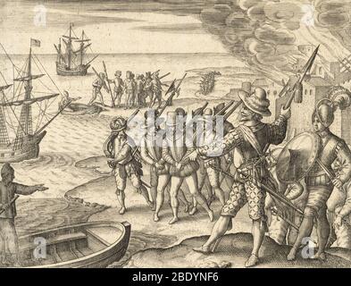 Sir Walter Raleigh a Trinidad, 1595 Foto Stock