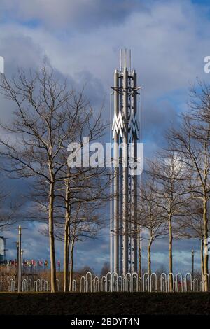 Lipsia, Germania-19 febbraio 2020: Torre del Centro Espositivo. La nuova Fiera di Lipsia è stata costruita nel 1995. La nuova fiera è composta da sei sale: Che Foto Stock