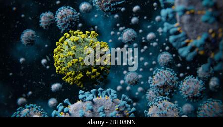 Microscopia Green COVID-19 Corona influenza Virus Molecule with Many Blue Contrast Molecules - nCOV Coronavirus Pandemic Outbreak 3D Illustration Foto Stock