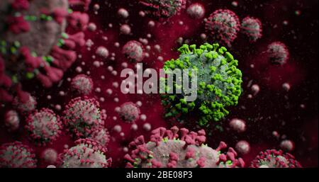 Green COVID-19 Corona influenza Virus Molecule with many Red Contrast Molecules - Microscopic Concept nCOV Coronavirus Pandemic 3D Illustration Foto Stock