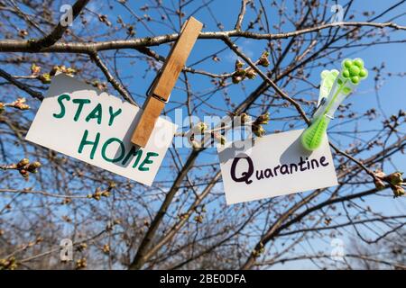 Rimani a casa e le parole di quarantena su carta bianca appesa con i perni di landry su un albero di primavera soleggiato e cielo blu sfondo. Sicurezza contro i rischi per la prevenzione dell'aria esterna Foto Stock