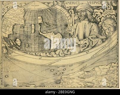 Vespucci gazes al nuovo mondo in un pannello di 1507 mappa di Martin Waldseemuller. Amerigo Vespucci (9 marzo 1454 – 22 febbraio 1512) è stato un . Vespucci ha partecipato come osservatore a diversi viaggi che esplorarono la costa orientale del Sud America tra il 1499 e il 1502. Il primo di questi viaggi era a bordo della nave che scoprì che il Sud America si estese più a sud di quanto pensasse in precedenza. Le spedizioni divennero ampiamente note in Europa dopo che furono pubblicati due racconti attribuiti a Vespucci. Nel 1507, Martin Waldseemüller produsse un m mondiale Foto Stock