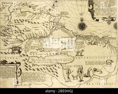 Mappa di Guyana e Brasile che mostra il fiume Amazzonia, animali selvatici, un uomo senza testa 'della terra Ewaipanoma,' una donna Amazzonia, e il fittizio lago Parime, sulla riva nord del quale si trova la città di El Dorado. El Dorado era la leggendaria "Città perduta dell'oro" che affascinava gli esploratori fin dai tempi dei conquistadores spagnoli e si suppone fosse situata sul leggendario lago Parime, negli altopiani della Guyana. Questa mappa è adattata da una mappa leggermente precedente di Jodocus Hondius, anche se il titolo dichiara che la mappa è stata 'cured e disegnato da un marinaio che accompagna Walter Raleigh sul suo Foto Stock