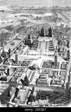 Il Messico-Tenochtitlan, comunemente conosciuto come Tenochtitlan, era un altepetl azteco (città-stato) situato su un'isola nel lago Texcoco, nella Valle del Messico. Fondata nel 1325, si sviluppò una cultura fiorente, e la civiltà messicana venne a dominare altre tribù intorno al Messico. La piccola isola naturale fu continuamente ampliata, mentre Tenochtitlan crebbe diventando la città più grande e potente di Mesoamerica. La città era collegata alla terraferma da strade che portavano a nord, sud e ovest. Le strade di collegamento erano interrotte da ponti che consentivano alle canoe e ad altri traffici di passare liberamente. Il ponte Foto Stock