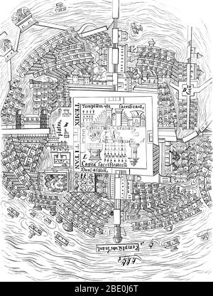 Il Messico-Tenochtitlan, comunemente conosciuto come Tenochtitlan, era un altepetl azteco (città-stato) situato su un'isola nel lago Texcoco, nella Valle del Messico. Fondata nel 1325, si sviluppò una cultura fiorente, e la civiltà messicana venne a dominare altre tribù intorno al Messico. La piccola isola naturale fu continuamente ampliata, mentre Tenochtitlan crebbe diventando la città più grande e potente di Mesoamerica. La città era collegata alla terraferma da strade che portavano a nord, sud e ovest. Le strade di collegamento erano interrotte da ponti che consentivano alle canoe e ad altri traffici di passare liberamente. Il ponte Foto Stock