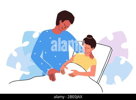 Donna incinta in clinica. Partner di nascita. Felice moda famiglia abbracci coppia. Supporto emotivo. Disegno vettoriale piatto Illustrazione Vettoriale