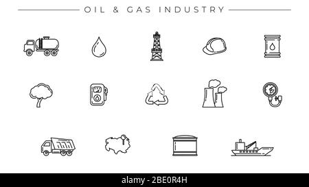 Set di icone vettoriali per lo stile della linea del concetto industria petrolifera e del gas Illustrazione Vettoriale