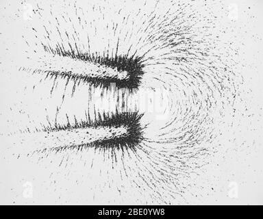 Vista laterale di un campo magnetico a ferro di cavallo. Il campo si manifesta nelle linee di flusso delle limature di ferro. Le interazioni tra le limature le fanno accumulare in linee d'arco nel campo continuo. Foto Stock