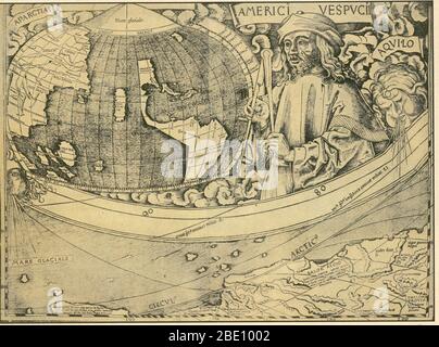 Vespucci gazes al nuovo mondo in un pannello di 1507 mappa di Martin Waldseemuller. Amerigo Vespucci (9 marzo 1454 – 22 febbraio 1512) è stato un . Vespucci ha partecipato come osservatore a diversi viaggi che esplorarono la costa orientale del Sud America tra il 1499 e il 1502. Il primo di questi viaggi era a bordo della nave che scoprì che il Sud America si estese più a sud di quanto pensasse in precedenza. Le spedizioni divennero ampiamente note in Europa dopo che furono pubblicati due racconti attribuiti a Vespucci. Nel 1507, Martin Waldseemüller produsse un m mondiale Foto Stock