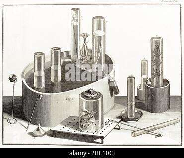 Alcune delle attrezzature di laboratorio di Joseph Priestley, 1775. Joseph Priestley (1733-1804) è stato un teologo inglese, filosofo naturale, chimico, educatore e teorico politico. La sua ricerca scientifica più famosa è stata sulla natura e le proprietà dei gas. Con un intelligente disegno di apparecchi e un'attenta manipolazione, Priestley isolò e caratterizzò otto gas, tra cui l'ossigeno, e da questo lavoro emerse i suoi più importanti testi scientifici: I sei volumi di esperimenti e osservazioni sui diversi tipi di aria (1774-86), da cui questa immagine è presa. Ha anche contribuito alla comprensione Foto Stock