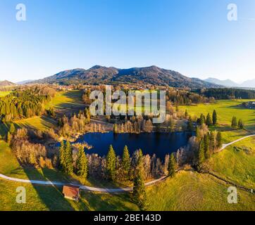 Schoenauer Weiher, Bad Heilbrunn, Toelzer Land, registrazione di droni, Alpino foreland, alta Baviera, Baviera, Germania Foto Stock