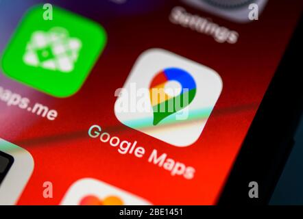 App Google Maps, icona, display, iPhone, telefono cellulare, smartphone, iOS, scatto macro, dettaglio, riempimento formato Foto Stock