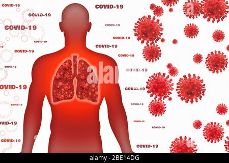 Illustrazione del corpo umano. I coronavirus polmonari COVID 19 (COV) sono una grande famiglia di virus che causano malattie che vanno dal raffreddore comune Foto Stock