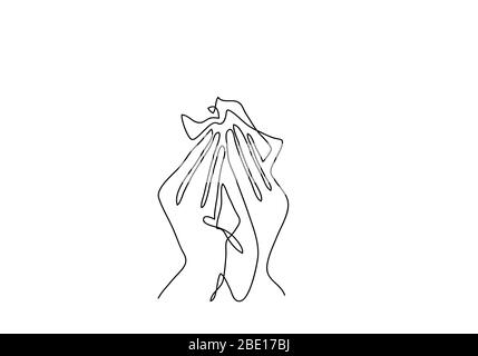 Una linea continua che disegna la donna tosse. Concetto di virus corona. Foto Stock