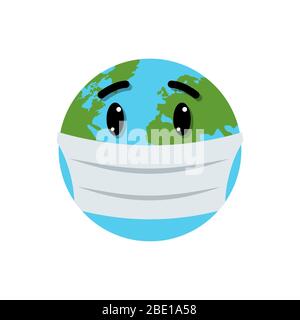 Terra globo su una maschera medica isolata su sfondo bianco Illustrazione Vettoriale