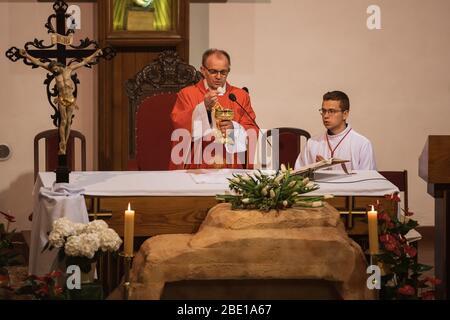 TYMOWA, POLONIA - 10 APRILE 2020. La liturgia della Passione nella Chiesa nostra Signora della Regina durante il Venerdì Santo. Sacerdote che tiene l'ospite. A causa della pandemia Foto Stock