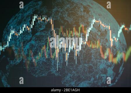 Prezzo tecniche grafico e indicatore rosso e verde candelabro grafico sul tema blu screen, la volatilità del mercato, fino e la tendenza verso il basso. Negoziazioni di borsa, crypto Foto Stock