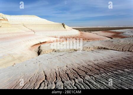 Bizzarre montagne di gesso, colorate formazioni rocciose di Boszhira in Kazakistancliff occidentale Foto Stock