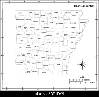 Arkansas state delineate la mappa amministrativa e politica in bianco e nero Illustrazione Vettoriale