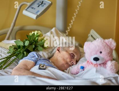 Una donna sta morendo in un letto di ospedale, circondato da un orsacchiotto ad occhio singolo e da rose gialle. Foto Stock