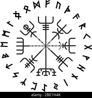 Vegvisir, la bussola di navigazione magica degli antichi vichinghi islandesi con rune scandinave Illustrazione Vettoriale