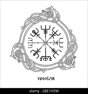 Vegvisir, la bussola di navigazione magica degli antichi vichinghi islandesi con ornamento scandinavo Illustrazione Vettoriale