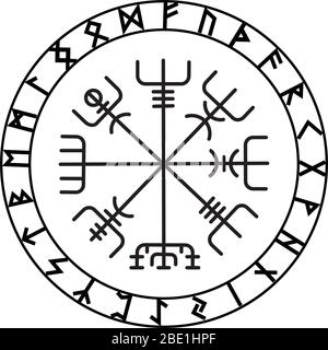 Vegvisir, la bussola di navigazione magica degli antichi vichinghi islandesi con rune scandinave Illustrazione Vettoriale