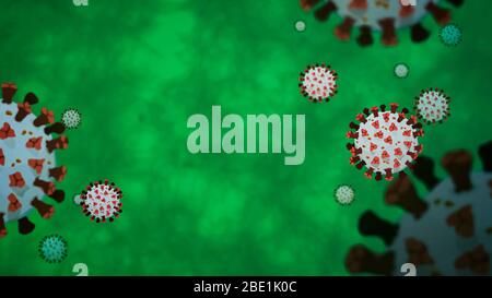 Particelle di coronavirus o COVID-19 su sfondo microscopico verde con spazio per copia Foto Stock
