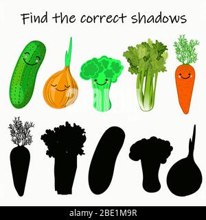 Trova la giusta ombra di verdure. Gioco educativo per bambini. Trova l'ombra giusta. Attività per bambini con verdure cartoon.. Illustrazione Vettoriale