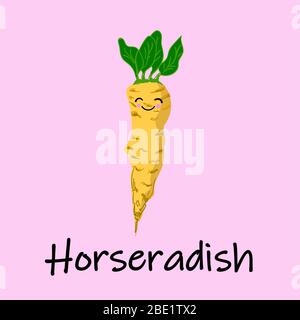 Radice di rafano e rafano grattugiato. Illustrazione vettoriale di un rafano isolato con la struttura verniciata e un volto sorridente felice. Illustrazione Vettoriale