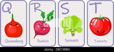 Illustrazione con caratteri divertenti. Font per bambini in VERDURE stile cartoon . Set di lettere luminose multicolore per iscrizioni E FORMAZIONE Illustrazione Vettoriale