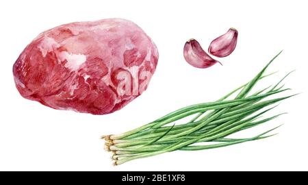 Cipolla verde aglio insieme di carne acquerello isolato su sfondo bianco Foto Stock