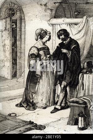 'Le comte d'Essex Robert Devereux (1565-1601) condamne a mort pour trahison remet a Elizabeth Howard, comtesse de Nottingham et dame d'honneur d'Elisa Foto Stock