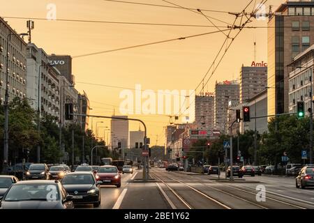 Varsavia città centro al tramonto, Polonia Foto Stock