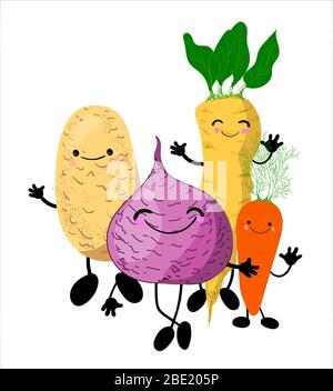 vegetali caratteri radice con gambe e volti. bambini's illustrazione educativa. Illustrazione Vettoriale