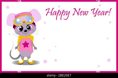 Simbolo dell'anno ratto o topo su sfondo bianco. Biglietto di auguri per il nuovo anno. Personaggio con occhi grandi. Illustrazione Vettoriale