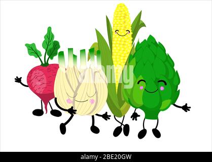 Verdure divertenti - carciofo, mais, ravanello. Personaggi per poster per bambini e guide di studio. Personaggi di verdure. Illustrazione Vettoriale