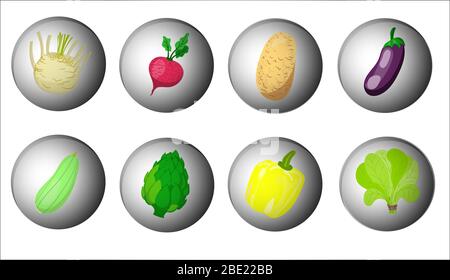 set di icone di verdure carine. Icone di disegno piatte per verdure. Eps10 di illustrazione vettoriale, Illustrazione Vettoriale
