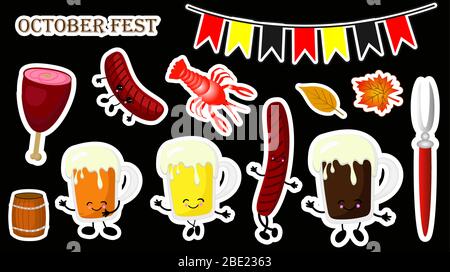 Oktoberfest adesivi autunno foglie, Germania bandiera su sfondo nero. Adesivo Oktoberfest, volantino, poster, banner, tag o etichetta. Illustrazione Vettoriale