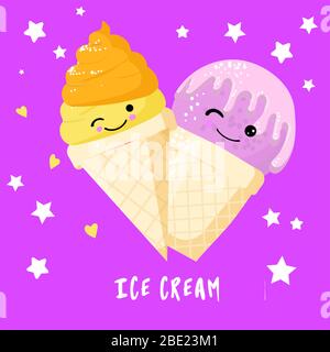 Divertente gelato alla fragola e limone in cono waffle con faccia sorridente, cartoon stile vettoriale illustrazione isolato su sfondo rosa. Carino Illustrazione Vettoriale