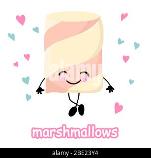 Marshmallows con occhi e sorrisi. Faccia divertente. Simpatico personaggio cartoon. Simbolo del segno d'amore. Minimo piatto. Set di vapore Marshmallow. Cibo dolce. Rosa Illustrazione Vettoriale
