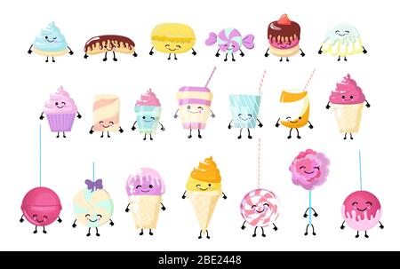 Set di adesivi kawaii o patch con cibo - dolci o dessert, carino personaggi isolati su sfondo bianco. Ciambella, torta, caramella, tè o caffè. Vettore Illustrazione Vettoriale
