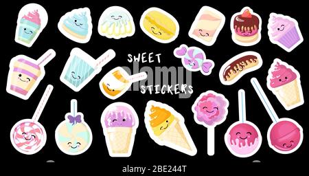 Set di icone dolci in stile kawaii con volto sorridente e guance rosa per un design dolce. Adesivo con iscrizione così carino. Gelato, caramella, berretto Illustrazione Vettoriale