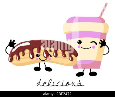 Cartolina San Valentino. Tazza di caffè con leclair. Cibo a fumetti. Illustrazione con caratteri divertenti. Amore e cuori.. Illustrazione Vettoriale