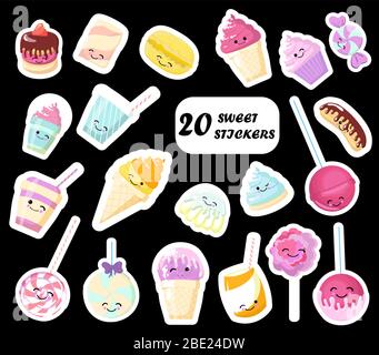 Set di icone dolci in stile kawaii con volto sorridente e guance rosa per un design dolce. Adesivo con iscrizione così carino. Gelato, caramella, berretto Illustrazione Vettoriale