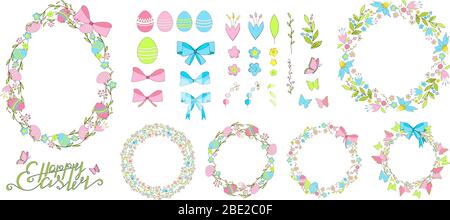 Insieme di elementi vettoriali isolati disegnati a mano in colori positivi della molla. Clip art per il design pasquale. Fiori, foglie, farfalle in stile doodle Illustrazione Vettoriale