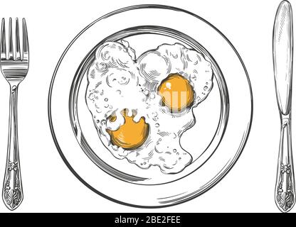 Colazione, uova su un piatto, coltello e forchetta, disegno vettoriale disegnato a mano realistico Illustrazione Vettoriale