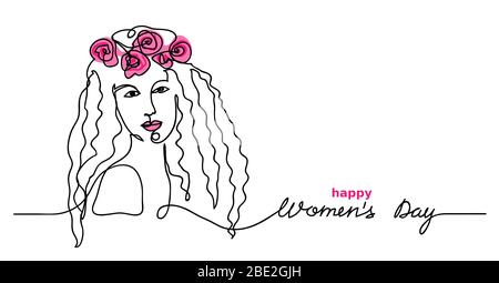 Ragazza con rose fiore wreath schizzo vettoriale. Lettere del giorno della donna felice. Marzo 8 saluto per web design, sfondo. Una faccia a linea continua Illustrazione Vettoriale