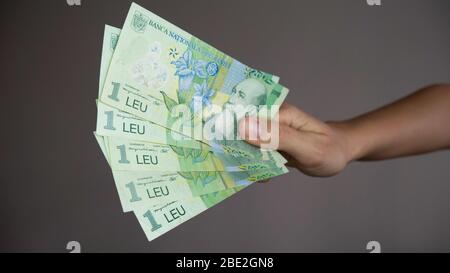 Cinque fatture di una banconota rumena leu in mano. Foto Stock